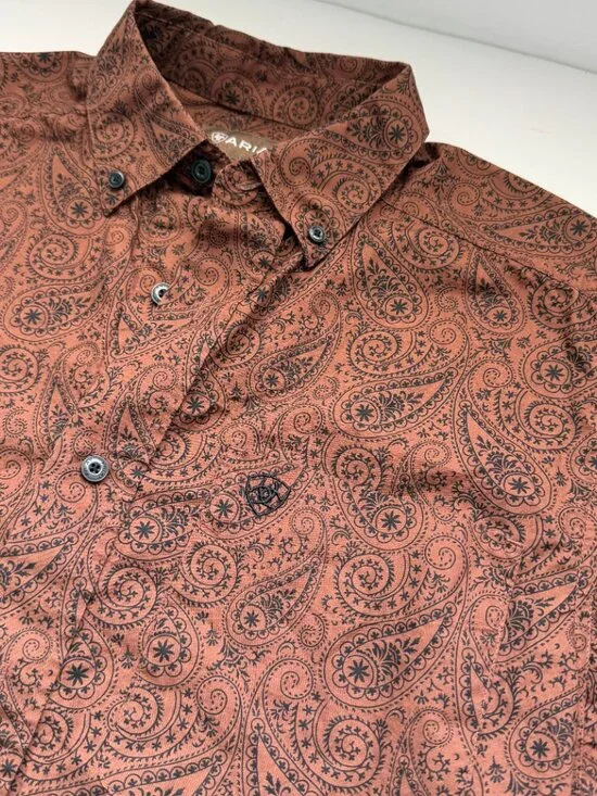 Ariat Paisley Button Up Shirt Rust Brown Western Cowboy Long Sleeve XS - Picture 3 of 8
